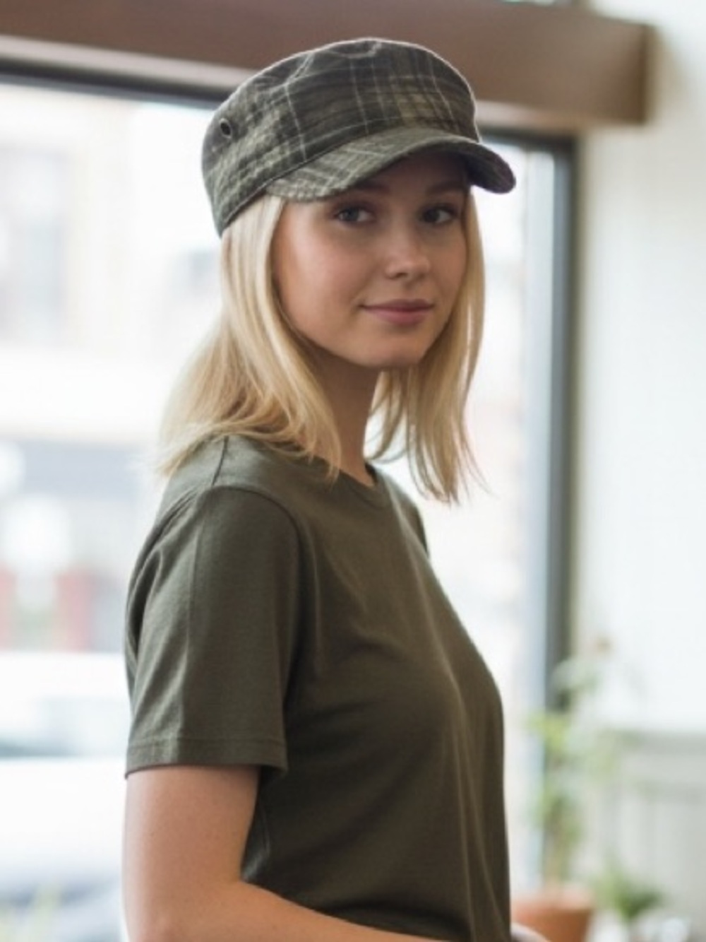 Roots Green Plaid Cotton Cap Size M Flat Top Quilted Lined Classic Hat Khaki - Picture 10 of 10